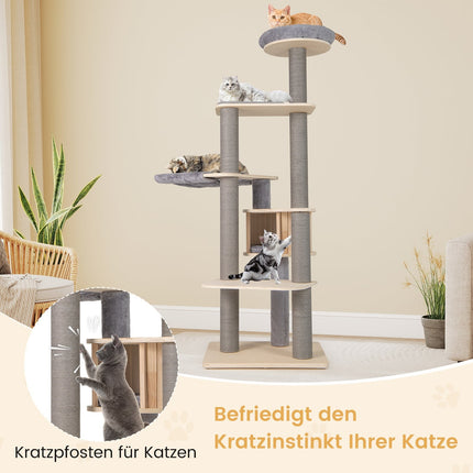 Vícepatrový kočičí strom 197 cm s houpací sítí, šedý
