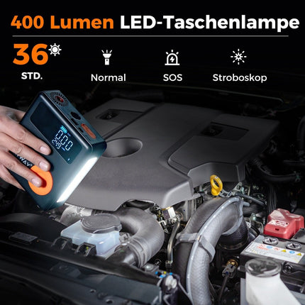 Startovací zdroj 2000A 12V s digitálním kompresorem 150PSI, LED displejem a powerbankou 13000mAh