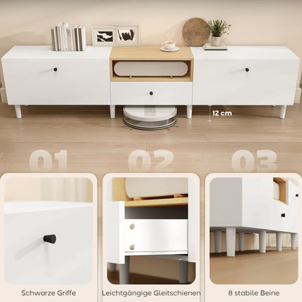 TV stolek 200 cm pro televize do 90 palců, 2 dvířka, zásuvka, bílý