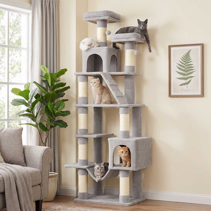204 cm Multi-Level Cat Tree with Hammock & Caves, Light Grey