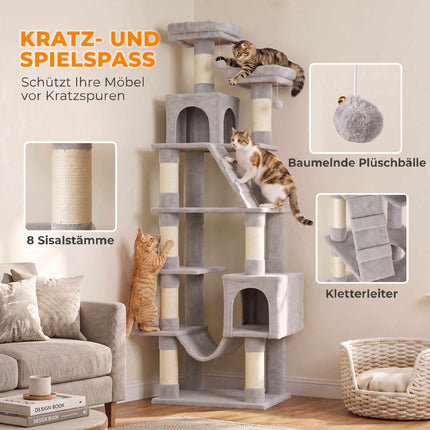 204 cm Multi-Level Cat Tree with Hammock & Caves, Light Grey