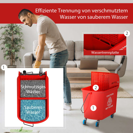 Úklidový kbelík 20L se ždímačem a kolečky, červený plast