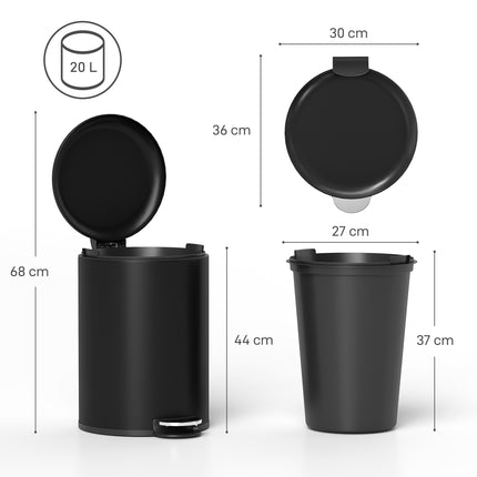 Pedálový odpadkový koš 20L, soft-close víko, černý kov