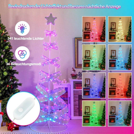LED spirálový vánoční stromek 210 cm z polyesteru a kovu s 341 LED, 34 světelnými režimy a hvězdou
