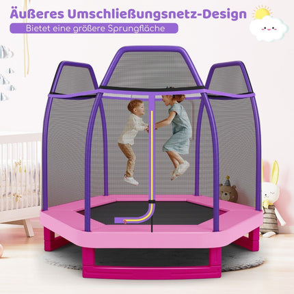 Zahradní trampolína Ø223cm s bezpečnostní sítí, vnitřní/venkovní trampolína pro děti, růžová