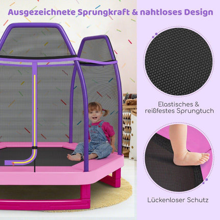 Zahradní trampolína Ø223cm s bezpečnostní sítí, vnitřní/venkovní trampolína pro děti, růžová