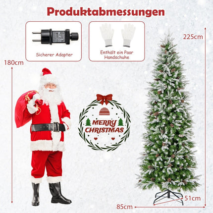 Úzký vánoční stromek 225 cm s osvětlením a zasněženými větvemi