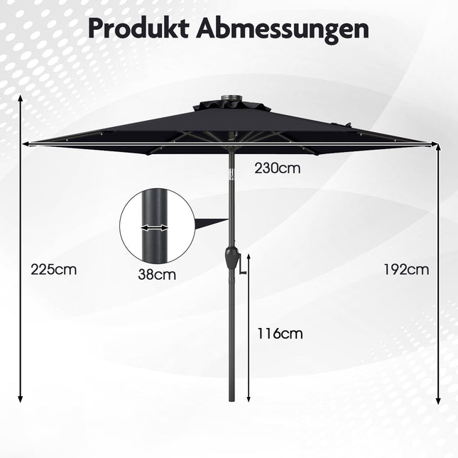 Černý zahradní slunečník 230 cm se solárními LED světly