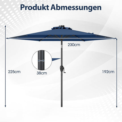 Zahradní slunečník 230 cm se solárními LED světly, tmavě modrý