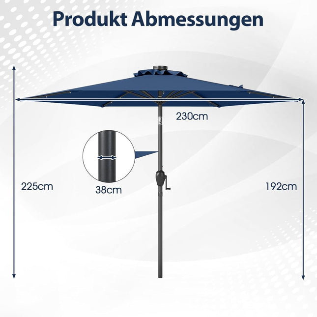 Zahradní slunečník 230 cm se solárními LED světly, tmavě modrý