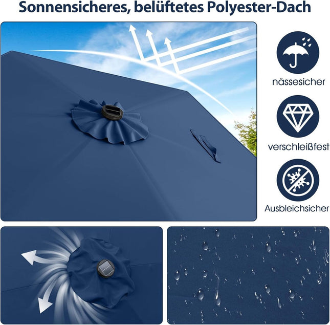 Zahradní slunečník 230 cm se solárními LED světly, tmavě modrý