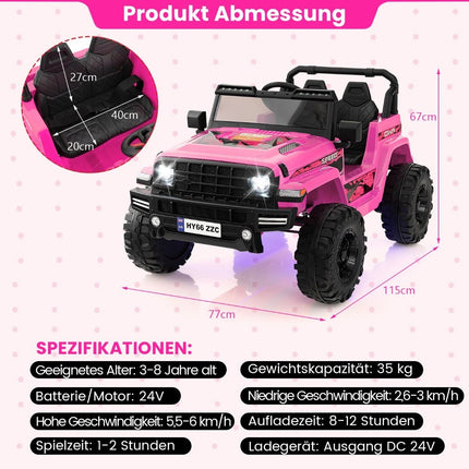 Dětské elektrické autíčko 24V pro 2 děti, růžové, USB a hudba