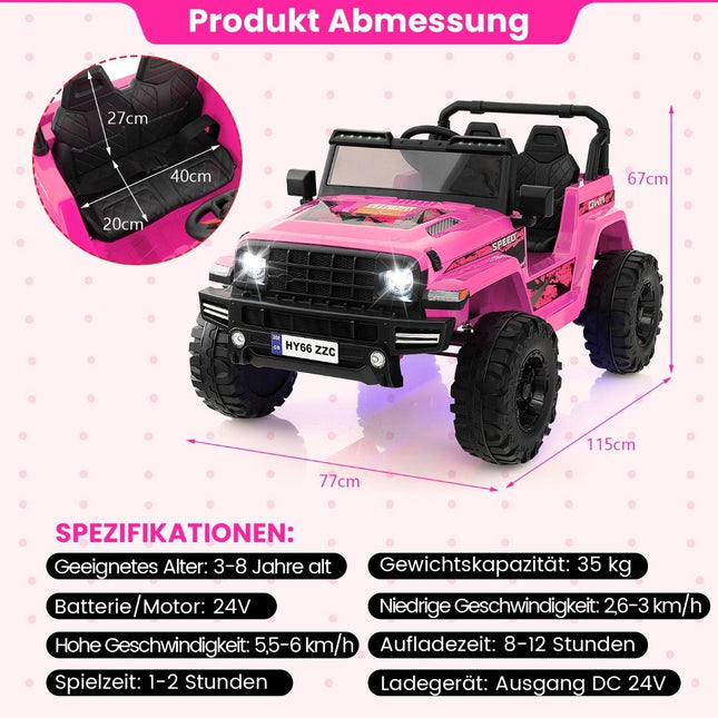 Dětské elektrické autíčko 24V pro 2 děti, růžové, USB a hudba