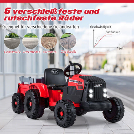 Dětský elektrický traktor 24V s odnímatelnou vlečkou, červený