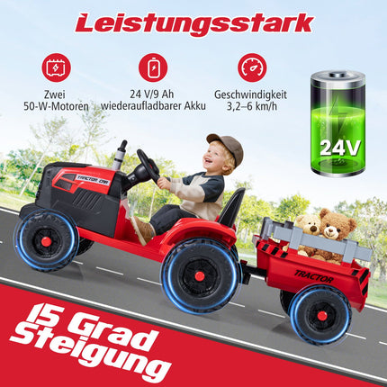Dětský elektrický traktor 24V s odnímatelnou vlečkou, červený
