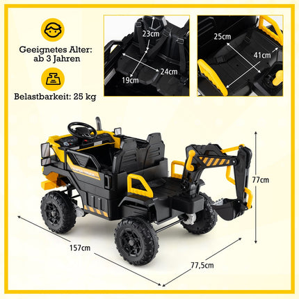 Dětský elektrický bagr 24V s dálkovým ovládáním, pohon 4x4, žlutý