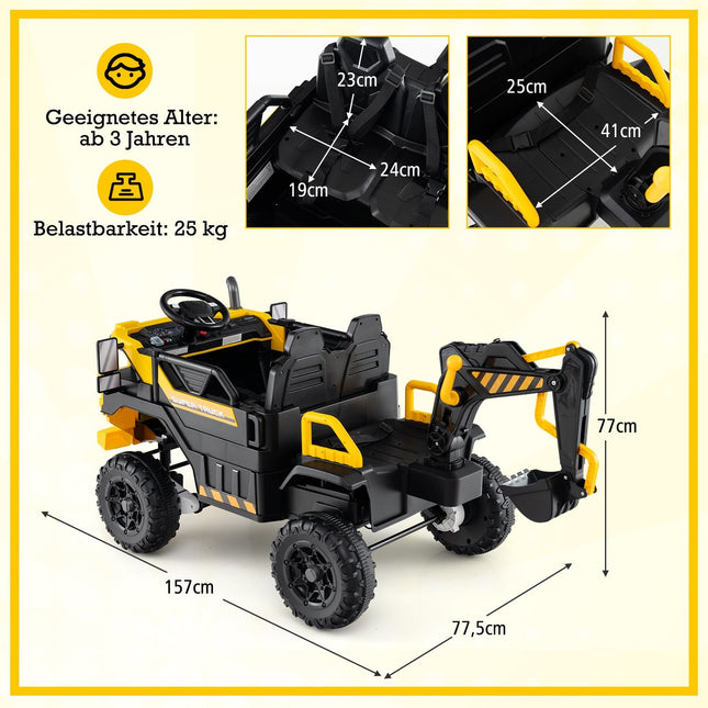 Dětský elektrický bagr 24V s dálkovým ovládáním, pohon 4x4, žlutý
