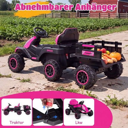 24V Pink Kids' Electric Tractor with Remote & Trailer