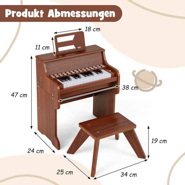 Dětské digitální piano s 25 klávesami a stoličkou, hnědé