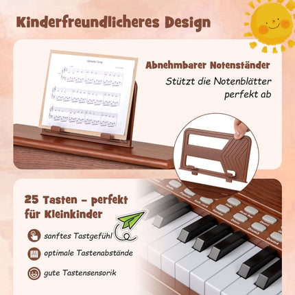 Dětské digitální piano s 25 klávesami a stoličkou, hnědé
