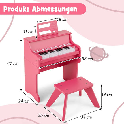 Dětské digitální piano s 25 klávesami a stoličkou, růžové