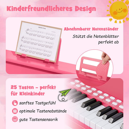 Dětské digitální piano s 25 klávesami a stoličkou, růžové