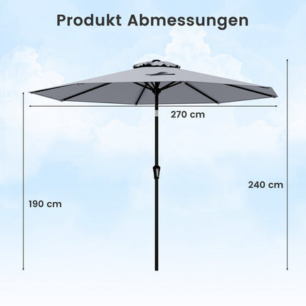 Šedý zahradní slunečník 270 cm, klika a naklápění, UV ochrana