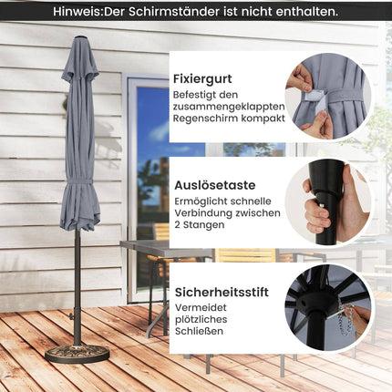Šedý zahradní slunečník 270 cm, klika a naklápění, UV ochrana