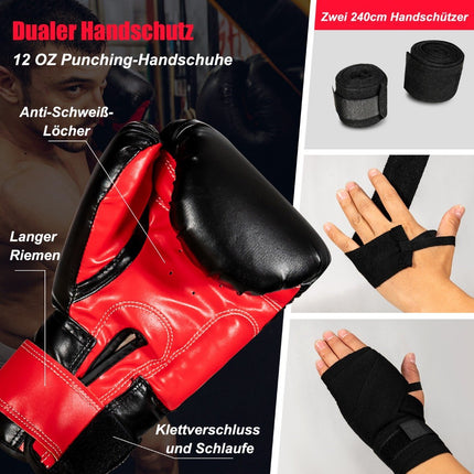 Sada boxovacího pytle 28.5 kg s boxerskými rukavicemi 12 oz a bandážemi, černá