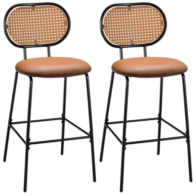 75 cm hoge barkruk van kunstleer met rotan rugleuning, bruin