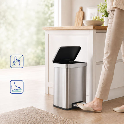 2-Compartment Pedal Bin 2 x 30 l with Soft-Close Lid, Silver, 15 Bin Liners