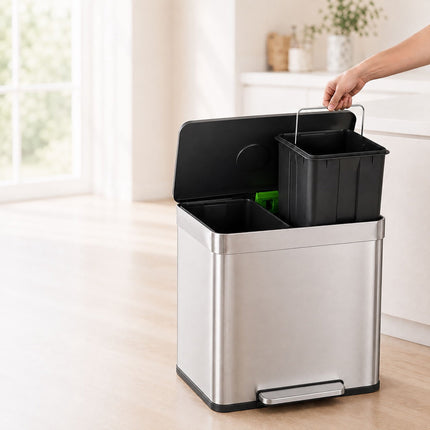 2-Compartment Pedal Bin 2 x 30 l with Soft-Close Lid, Silver, 15 Bin Liners