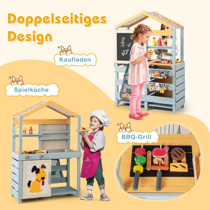 Bahenní kuchyňka 2 v 1, dětská venkovní kuchyňka ze dřeva s taškou a košíky 75 x 34 x 111 cm, vícebarevná