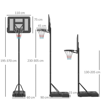 Nastavitelný basketbalový koš 2 v 1 s ocelovým rámem, 195-370 cm
