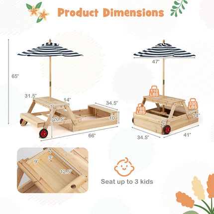 2-In-1 Wooden Sandbox and Picnic Table With Umbrella, Blue
