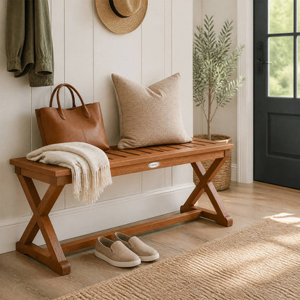 2-Person 44" Teak Hardwood Outdoor Bench, Slatted Seat