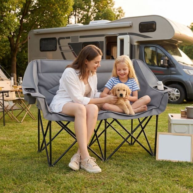 Opvouwbare campingstoel voor 2 personen, bekerhouders, draagvermogen 300 kg