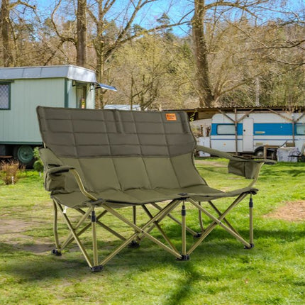 Skládací kempingové křeslo pro 2 osoby, polstrované, držáky na nápoje, zelená