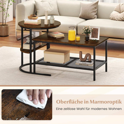 2-Piece Coffee Table Set with Faux Marble Tops, Brown
