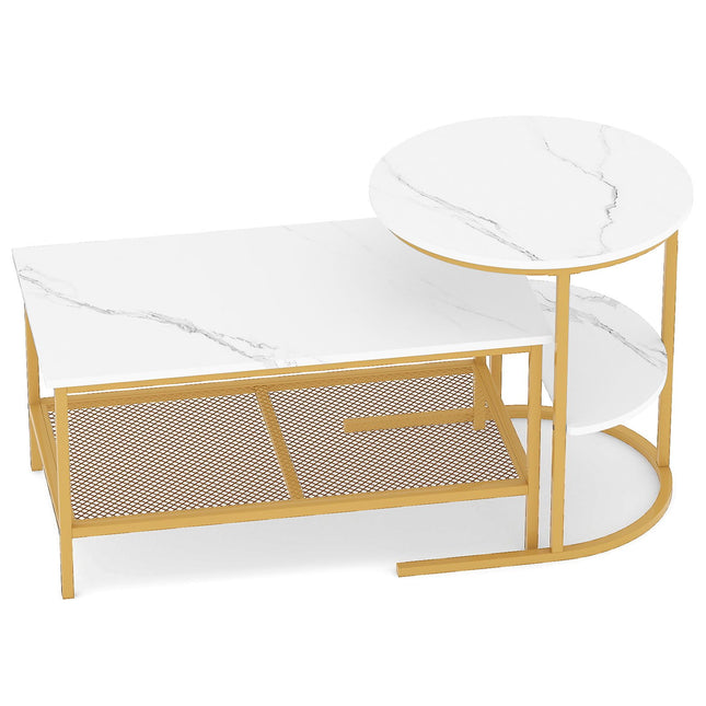 2-Piece Coffee Table Set with Faux Marble Tops, White
