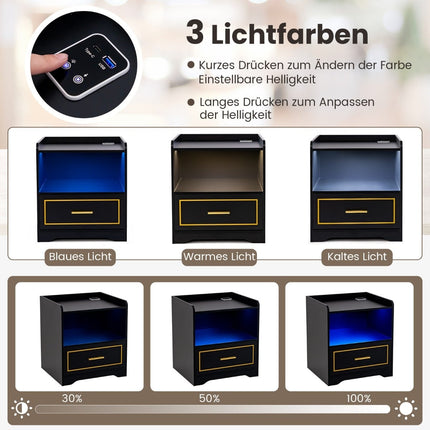 Sada 2 nočních stolků s LED osvětlením a nabíjením USB a Type-C