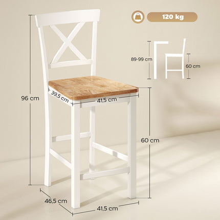 Sada 2 barových židlí z kaučukovníku, dub a bílá, sed 60 cm
