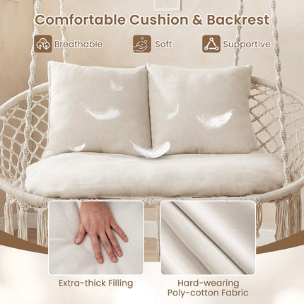 2-Seater Boho Hanging Chair with Cushions, Beige
