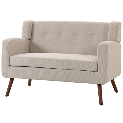 2-Seater Cord Sofa, Button-Tufted, Wood Legs, Beige