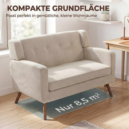 2-Seater Cord Sofa, Button-Tufted, Wood Legs, Beige
