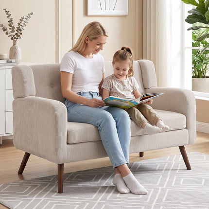 2-Seater Cord Sofa, Button-Tufted, Wood Legs, Beige
