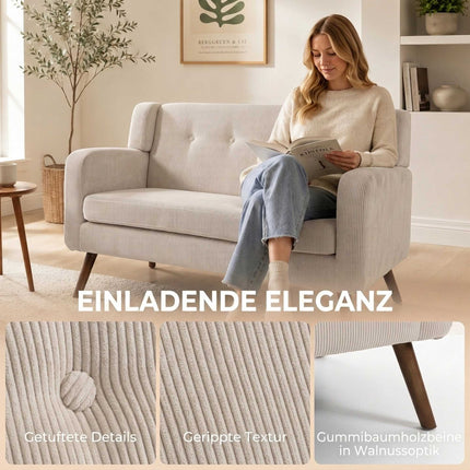 2-Seater Cord Sofa, Button-Tufted, Wood Legs, Beige