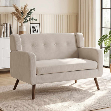 2-Seater Cord Sofa, Button-Tufted, Wood Legs, Beige