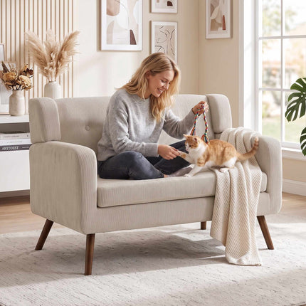 2-Seater Cord Sofa, Button-Tufted, Wood Legs, Beige