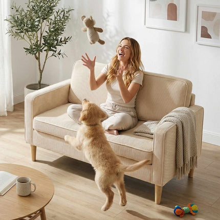 2-Seater Corduroy Sofa with Storage, Beige, 117 x 63 cm